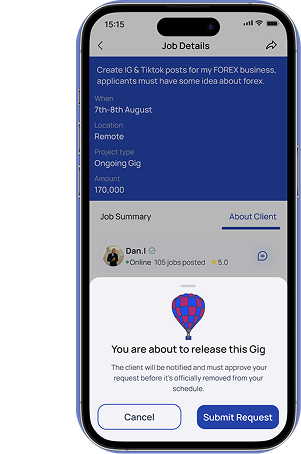 Release gig confirmation modal where the client approves or declines the Hustler's request